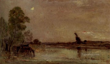  Barbizon Oil Painting - L Abreuvoir Effet De Lune Barbizon Impressionism landscape Charles Francois Daubigny